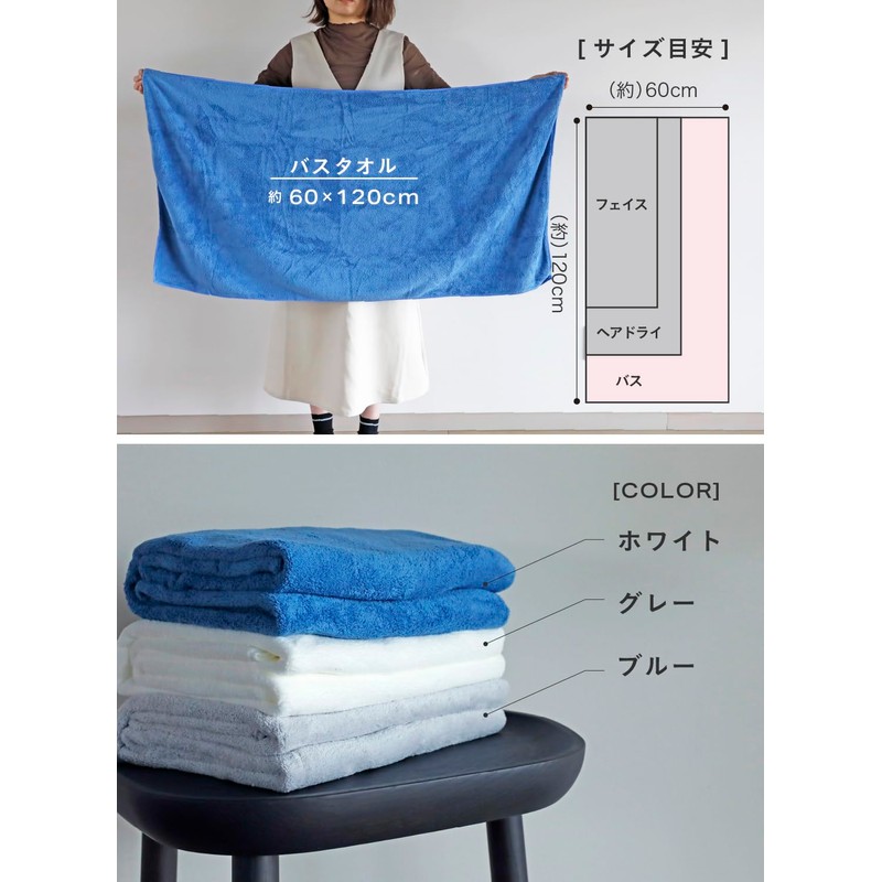 CBJAPAN Carari Plus Bath Towel, 3.3x Water Absorbency Microfiber, Blue,