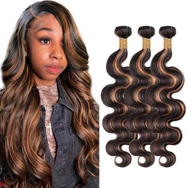 Highlight Human Hair Bundles Light Brown Body Wave Bundles Brown Body Wave Human Hair 3 Bundles 16 18 20 Inch P1B/30 Color Two Tone Black Mixed With Brown Bundles Hair Extensions