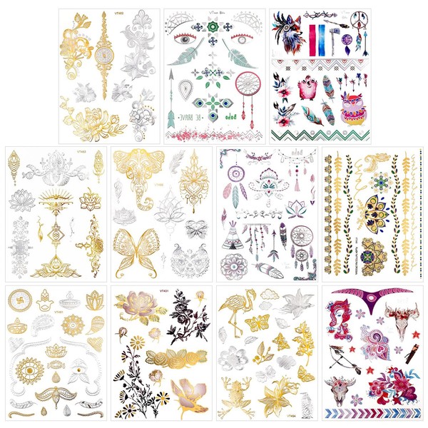 Qpout 150pcs Metallic Temporary Tattoos for Women Girls, Gold Silver Glitter Design Tattoo, Jewellery Tribal Totem Butterfly Flower Feather Waterproof Tattoo, Face Hand Arm Party Decor Tattoo