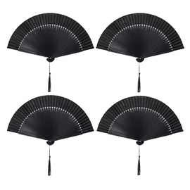 BABEYOND Black Hand Fan Foldable - 4 Pack Black Bamboo Folding Fan Handheld Fan Chinese Fan for Dance Festival Party Decoration