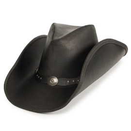 Minnetonka Silverton Dude Hat - Leather Cowboy Hat Handcrafted with Metal Conchos and Studs, Distressed Ruff Leather, and Hidden Steel Wire in Brim, X-Large -Black