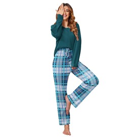 Ekouaer Women's Waffle Knit Pajama Sets Comfy Long Sleeve Lounge Sets 2 Piece Matching Pj Sets with Pockets Green Plaid Medium