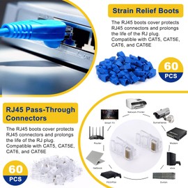 RJ45 Crimp Tool, Ethernet Crimper for Cat5/5e/6/6a/7/6p+8p/RJ11/RJ12, Crimping Tool with Cable Tester, Mini Stripper, Blades, 60-Pack Cat6 RJ45 Pass Through Connector, 60-Pack Connector Boots