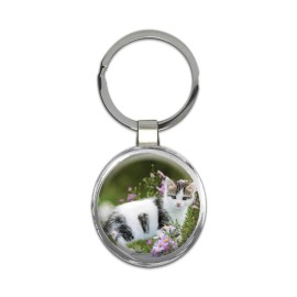 Cat : Gift Round Keychain Kitten Cute Funny Friendship Pet Flowers