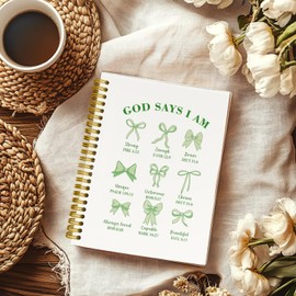 THDSE Coquette Green Bows Spiral Bible Notebook,Aesthetic Composition Notebook, God Says I Am Christian Scripture Prayer Journal for Women, Hardcover Sprial Lined Notebook 5.5 x 8.3 (Green)