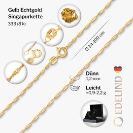 Women's Gold Chain Real Gold 1.2 mm, Singapore Chain 333, 585, 750 Yellow Gold, Chain Gold with Stamp, Necklace with Spring Ring, Made in Germany, 8 Carat (333) Yellow Gold, Yellow, White, Red