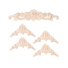 HJZHII 5Pcs Wooden Appliques Onlays Set, Unpainted Wood Carved Wall Decor
