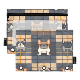 ALAZA Bulldog Plaid Retro Pencil Pouch for 3 Ring Binder Pencil Bags Pockets Pencil Case with Clear Window Zipper Cosmetic Bags for Office College Supplies 2PCS