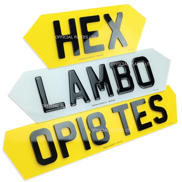 Hex Lambo 4D Number Plates for UK cars, in 3D Gel, Ghost Matt and more styles
