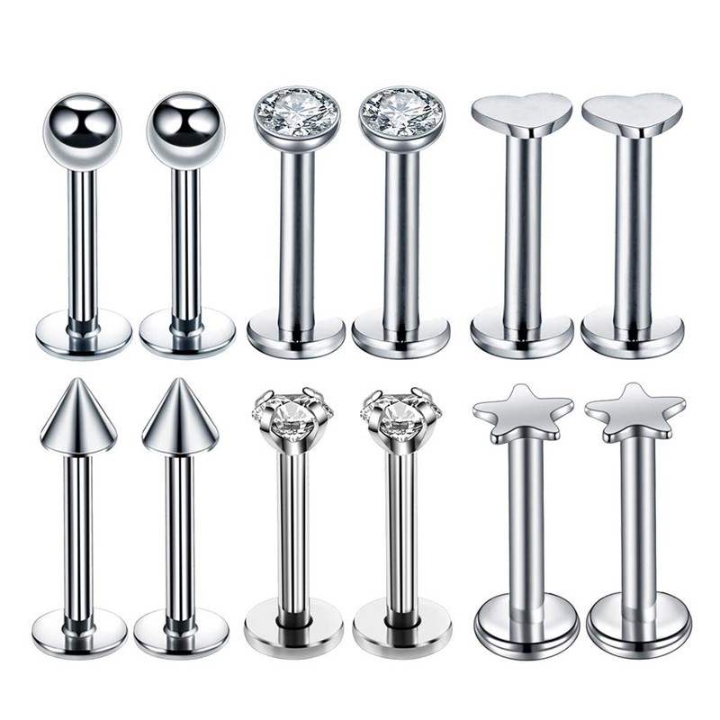 Prettyia 12Pcs 16G Crystal CZ Anillo De Labio Labret Roscado