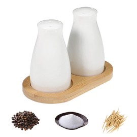 2PCS Ceramic Salt and Pepper Shakers Set, with Wooden Tray, for Farmhouse Kitchen Table, 85ml/8.5x3x5cm