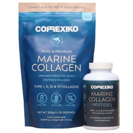 CORREXIKO Marine Collagen Powder & Capsules 30 Day Supply - 10,000mg Powder & 2,000mg Capsule Double Hydrolysed Type 1,2,3,4 Collagen Peptides Per Serving with Added Vitamins - for Hair, Skin & Nails