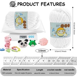 YushengTai Wool for Knitting, 6 x 50 g/60 m, White Chunky Yarn, 3.5 mm, Fluffy Wool, Chenille Wool, Chenille Wool for Crocheting, for Hats, Scarves, Socks, Bags, Baby Blankets, Cushions