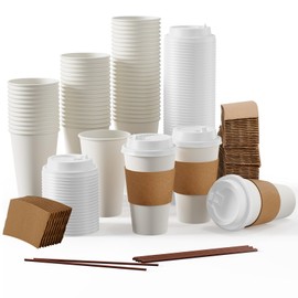 JOLLY PARTY [50 Pack] 16 oz Paper Coffee Cups, Disposable Paper Coffee Cup with Lids, Sleeves, and Stirrers, Hot/Cold Beverage Drinking Cup for Water, Juice or Tea, Suitable for Home, Shops and Cafes