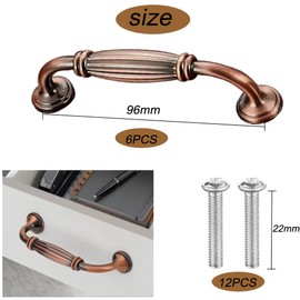 KanDery 6PCS Vintage Cabinet Handles, Chic Drawer Handles, Furniture Door Pull Handles, Antique Kitchen Cupboard Handles, 96mm Hole Center, Red Bronze