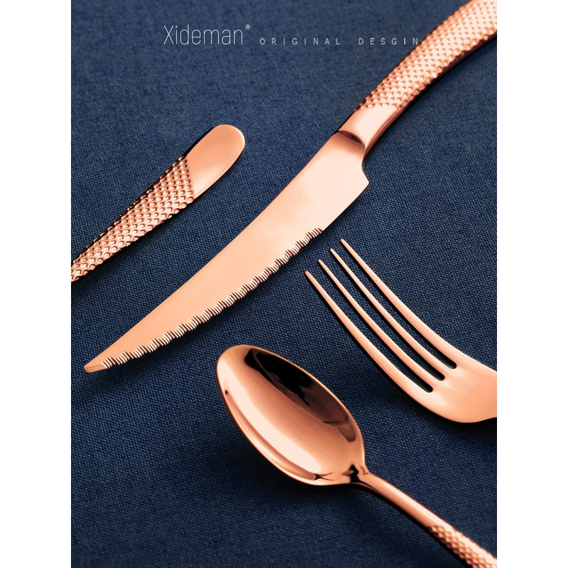 Xideman 16-Piece ​Modern Copper Hammered Silverware Set with Ultra Sharp