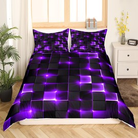 Castle Fairy Abstract Duvet Cover Queen Size,3D Modern Cool Geometric Grid Square Duvet Cover Set for Children Adult,Shiny Purple Neon Light Black Soft Comforter Cover for Dorm Room, Zipper, Ties