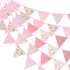 G2PLUS 12M Floral Fabric Bunting Banner,19x21CM Large Reusable Cotton Triangle Flag Garland with 42PCS Decoration Floral Pennants for Garden Tea Wedding Baby Shower Birthday Parties-Pink