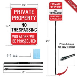 T&R Large Private Property No Trespassing Sign with 54" Stake, Violators Will Be Prosecuted - 14"x10" .040 Rust Free Aluminum, Reflective, Waterproof and Fade Resistant, 2 pre-drilled holes, Includes
