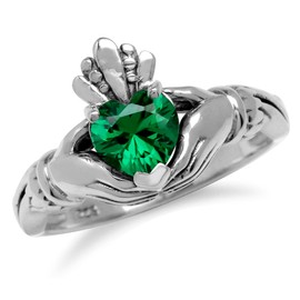 Silvershake 6MM Heart Shape Created Nano Green Emerald Irish Celtic Claddagh 925 Sterling Silver Friendship Ring May Gemstone Birthstone Size 12