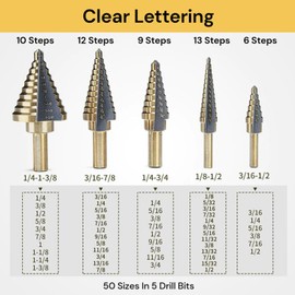 EZONEDEAL 5Pcs Drill Bit Triangle Drill Titanium Cone Drill Hole Cutter 50 Sizes High Speed Steel Drill Bits Set with Aluminum Case-Brown + Black