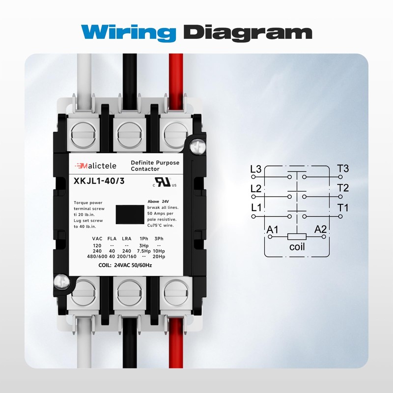 AC Contactor, Malictele 3 Pole 40 Amp Contactor 24v Coil