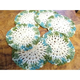 Handmade  NEW 6 Handmade Crochet Dishcloths Wash 100% Cotton Ecru, Teal Blue & Green   7"
