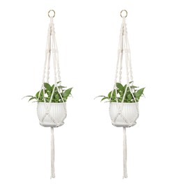 2 Stück Makramee Blumenampel Hängend Innen Baumwollseil Hängeampel Pflanzenhänger Blumentopf Pflanzen Lang Halter Aufhänger mit Quasten Hängetopf Beige Pflanzhänger Kann Boho Deko für Draußen Balkon