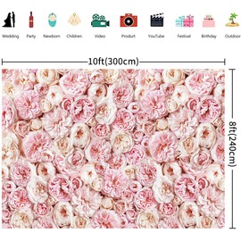 10x8FT Flower Wall Backdrop Pink Blooming Rose Floral Photography Background Girls Birthday Party Wedding Bridal Shower Anniversary Party Decorations Portrait Photoshoot Banner Photo Booth Props