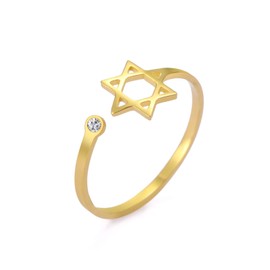 Dreamtimes Star of David Rings for Women Stainless Steel Adjustable Open Rings with Clear Zircon Hexagram Jewish Ring Heart of Faith Star of David Jewish Jewelry (Gold)