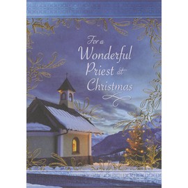 Designer Greetings Snow Covered Small Church, Sky and Mountains with Gold Foil Thin Lined Holly Frame Religious Christmas Card for Priest
