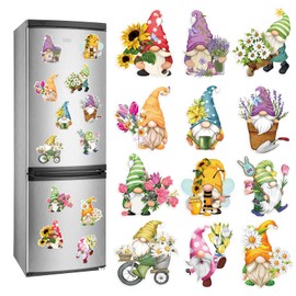Whaline 12Pcs Spring Gnome Refrigerator Magnets Assorted Floral Gnome Fridge Magnetic Stickers Cute Magnet Decals for Holiday School Office Home Kitchen Supplies