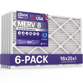 BNX TruFilter 16x25x1 Air Filter MERV 8 (6-Pack) - MADE IN USA – Dust & Pet Defense Electrostatic Pleated Air Conditioner HVAC AC Furnace Filters for Dust, Pet, Mold, Pollen MPR 600 – 700 & FPR 5