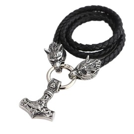 Viking Wolf Necklace with Thor's Hammer Pendant, Norse Mythology Theme, Braided Leather Cord (A-Silver) (A-Silver)