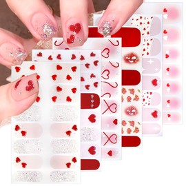 6 Sheets Valentines Day Gel Nail Stickers Red Heart Gel Nail Polish Strips Romantic Rose Love Glitter Self Adhesive Design Holiday Stickers Full Wrap Gel Nail Strips with No UV for Women Acrylic Nails