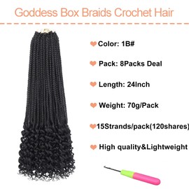 Mscat 24 Inch Goddess Box Braids Crochet Hair with Curly Ends 8 Packs Pre-looped 3X Synthetic Boho Box Braiding Hair for Women (15Strands/pack 1B#)