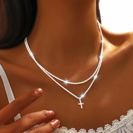 Flimire Silver Cross Necklace for Women 925 Sterling Silver Layered Cross Pendant Necklaces Chain Dainty Shiny Tiny Necklace Jewelry Gifts(2 Layered Cross)