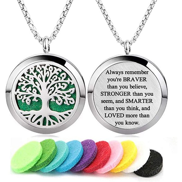Aromatherapy Essential Oil Diffuser Necklace Tree of Life Pattern Stainless Steel Locket Pendant with 24 Inch Chain