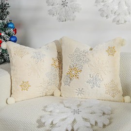 Lewondr Throw Pillow Cover, 18x18Inch Set of 2 Double-Sided Faux Fur Cozy Soft Decorative Pillow Cover with Plush Ball Luxury Embroidered Snowflakes Throw Pillow Case for Bed Home Living Room, Oatmeal