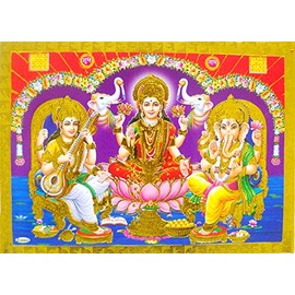 crafts of india best of indian crafts store Laxmi,Ganesha, Saraswati Poster/Reprint Hindu Goddess Picture with Golden Foil (Unframed : Size 5"X7" inches)