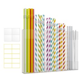 Large Acrylic Straw Holder Organizer - Transparent Reusable Straw Dispenser with Double Sided Adhesive Tape, for Cabinet Door Kitchen Counter Cupboard Mounted Storage (9.4”)