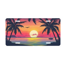 Sunset with Palm Trees and Beach Scene License Plate, Decorative Car Front License Plate, Aluminum Novelty License Plates Vanity Tag Metal Car Plate for Women Men 6 X 12 Inch