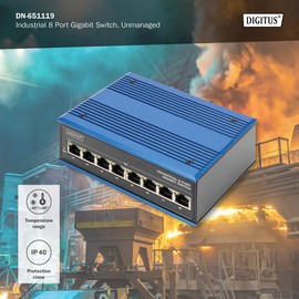 DIGITUS Network Switch - 8-Port Gigabit Ethernet - DIN-Rail Mounting - Terminal Block - Fanless - Black/Blue