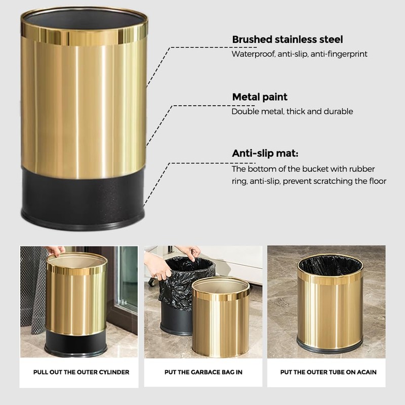 LEASYLIFE 2.6Gallon/10L Brass Bathroom Trash Can，Brushed Gold Bathroom Waste Basket，Golden