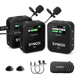 SYNCO Lavalier Wireless Microphone G2 A2 Double Clip Wireless 2.4GHz Transmission 100M for Camera Reflex Camcorder Smartphone Radio Microphone Lavalier Wireless Professional