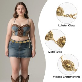 SEDEX Chain Belt Western Metal Concho Belts for Women Silver Waist Chain Adjustable Metal Cowgirl Belt Fashion Y2K for Jeans Dresses Adjustable Vintage Chunky Accessories (Style 1-Gold)