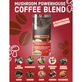 Perfect 10™ Mushroom Ground Coffee w/ Ultra Concentrate 10 Organic Mushroom Extracts - Turkey Tail, Chaga, Lion's Mane, King Trumpet, Agaricus Blazei, Willow Bracket, Lion's Mane, Reishi, Cordyceps, Maitake, Shiitake (Perfect 10, 340g)