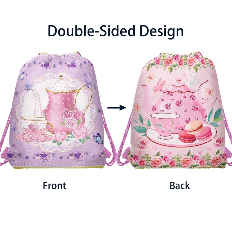 12 Pcs Tea Party Drawstring Bag Set, Colorful Floral Non-Woven