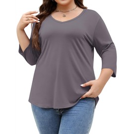 TFSDOD 3/4 Length Sleeve Womens Tops V Neck Blouse Solid Basic Tees Loose Shirts Plus Size Summer Outfits Purple Grey XL