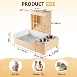 Essenhome Large 3 in 1 Rabbit Litter Box with Hay Feeder and Bowls Set, Wood, Mess Proof, for Guinea Pigs, Chinchillas, Hamsters, and Rabbits